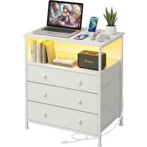 3-Drawer LED Nightstand with Charging Station, White, 15.8"D x 24"W x 29.5"H