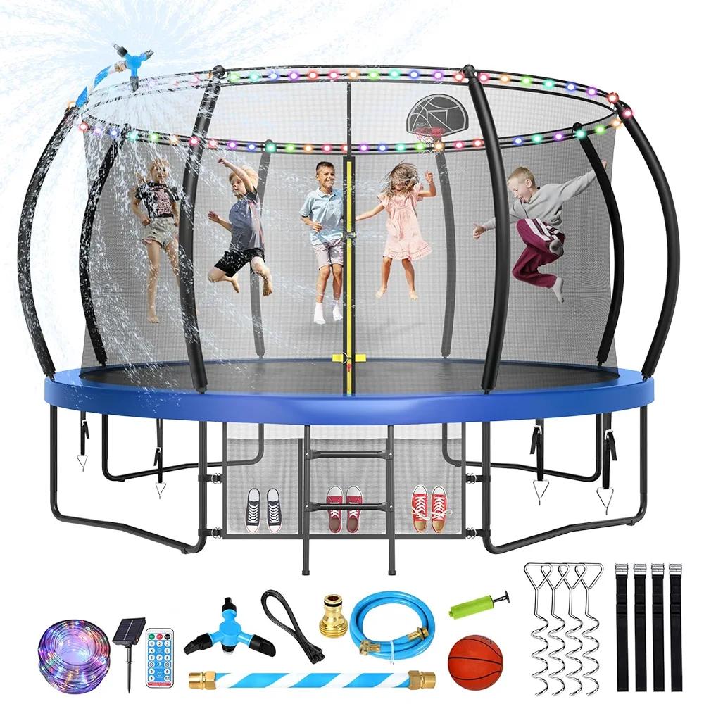 Large Outdoor Trampoline with Basketball Hoop, Size 10FT with Lights for Kids and Adults, Recreational Trampoline with Sprinkler and Stakes