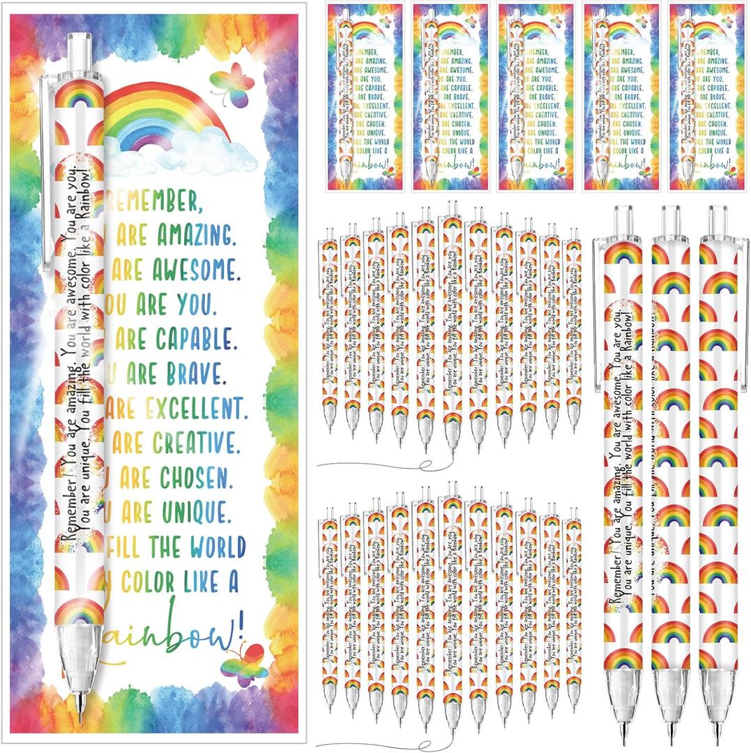 50 Set Inspirational 0.7 mm Rainbow Retractable Pencil Gifts for Students from Teacher Encouragement Affirmation Bookmark Cards Opp Bag Valentines Classroom Prize Awards for School