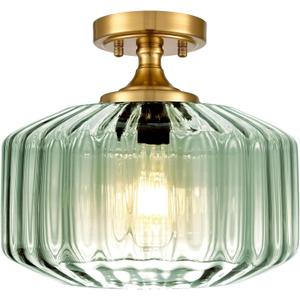 Mint Green Close to Ceiling Light Fixtures, Vintage Small Ceiling Light 11.02" Thickened Glass Hallway Lighting, Mid Century Modern Gold Chandelier Kitchen Ceiling Mount Lighting for Corridor