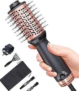 Travel Dual Voltage Hair Dryer Brush, Small Hot Air Brush for European Travel, Compact 2 Inch One Step Blowout and Volumizer Hair Blow Dryer with Oval Design, Rose Gold