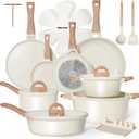 Pots and Pans Set Non Stick Non-Toxic 22 Pcs Ceramic Cookware Sets Nonstick Kitchen Pot&Pan With Lid Cream White Granite Induction Compatible with Glass Lids Crepe Frying Pan PFOA/PFOS-Free