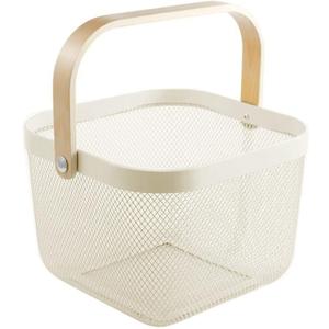 Metal Mesh Steel Basket, Storage Organizer Basket Multi-functional Hanging Kitchen Baskets Fruit Basket Bin with Bamboo Handle for Kitchen Bathroom Picnic Shopping Decor Cabinet Home, Beige