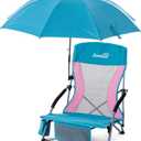 Lamberia Folding Beach Chair with Umbrella for Adults, Portable Low Beach Chairs with 300lbs Capacity, Lightweight Fodable Camping Chair for Travel, Picnic, Concert & Outdoor Activities, Blue-Pink
