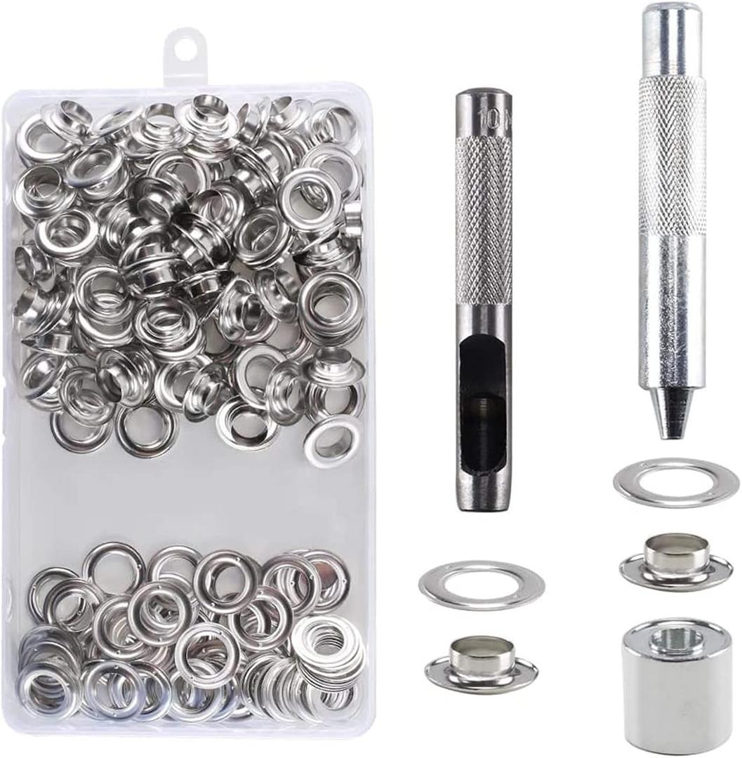 100 Sets of Grommets 10 mm Metal Grommets Kit with Eyelets with Storage Box 2/5 Inch for Repair Canvas Clothing Tarpaulin Tent Silver