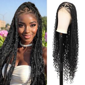 13x8'' HD Lace Front Boho Braided Wigs Knotless Braided Wigs for Black Women Box Braid Wig Premium Synthetic Boho Braided Lace Front Box Braided Wig, Natural Black 36 Inch