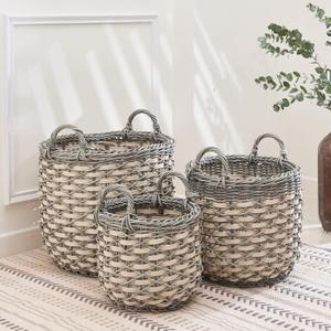 Vifah Valeria 3-Piece Assorted Round Stackable Resin Plant Pot and Laundry Basket Set with Handles, Made, Black Mix White, S M L