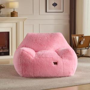 Oversized Fluffy Bean Bag Chair with Armrests, Giant Soft Plush Lazy Sofa, Comfortable Single Cloud Floor Couch for Adults, Accent Chair for Living Room Bedroom Dorm (Pink)