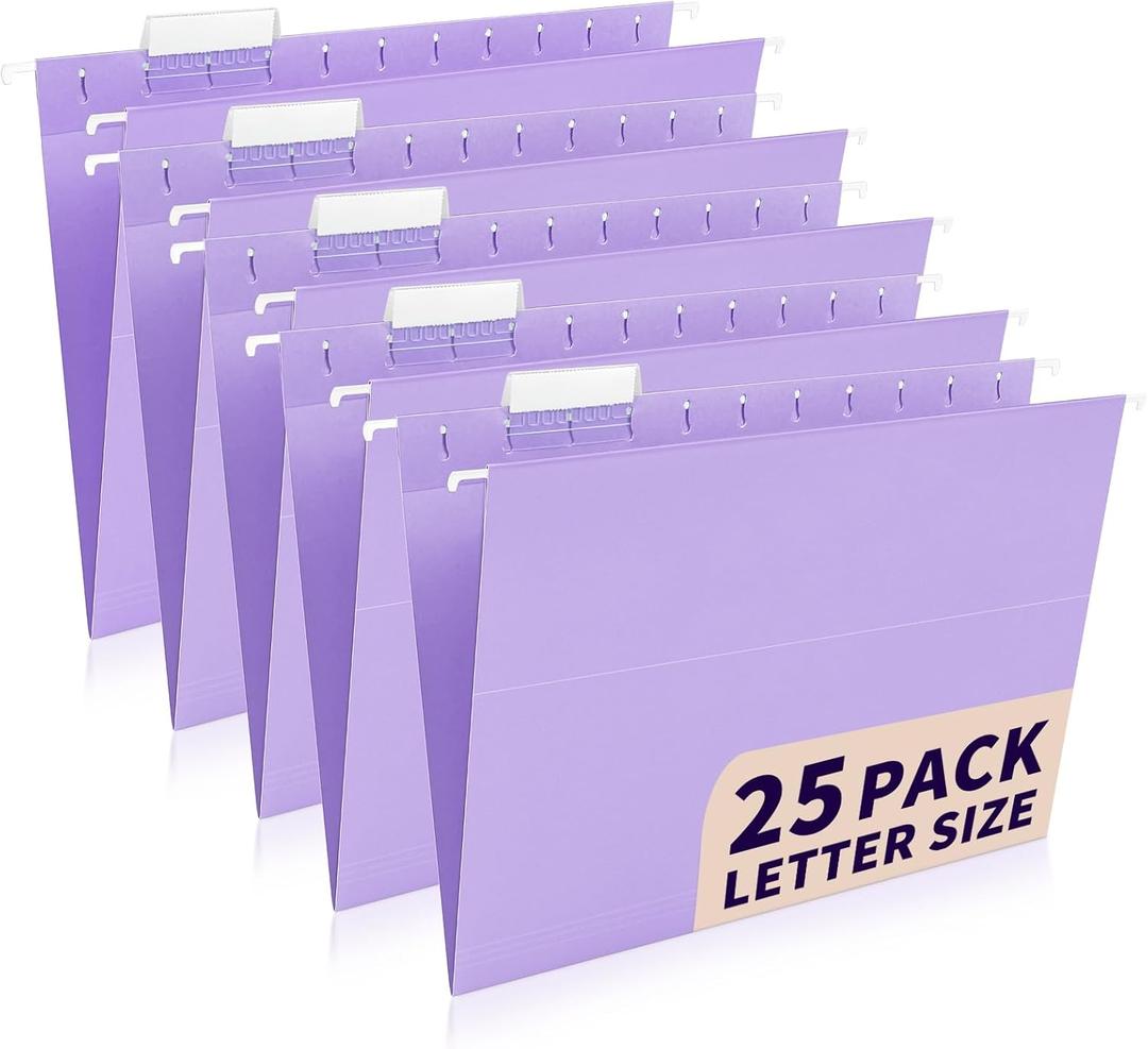 25-Pack Light Purple Hanging File Folders, Letter Size, Includes 35 Transparent Label Cards & 50 Sticker Labels,1/5-Cut Tabs for Home & Office Organization