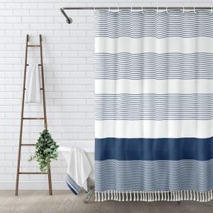 Awellife Navy Blue Shower Curtain for Bathroom Stripe Tassel Shower Curtain 72 X 78 Inches Farmhouse Cotton Long