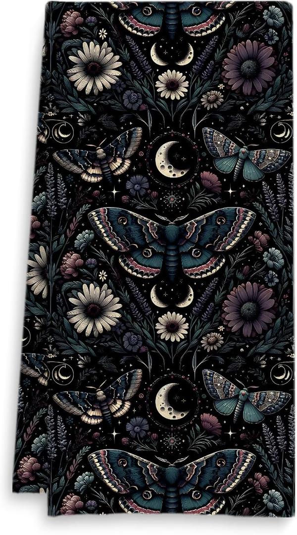 Gothic Witchy Kitchen Towels, Boho Moon Butterfly Flower Hand Towels for Bathroom Decor, Dark Cottagecore Moth Floral Botanical Dish Towel Tea Towel for Kitchen Decor, 16x24 Inch (Style5)