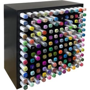 MinBoo Bamboo Marker Organizer Wooden Art Supply Storage Organizer Rack Art Markers Pens Colored Pencils Paint Brushes Stationary Organizer Holder (Black, Rack for 144 Markers)