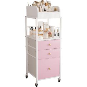 Makeup Organizer Cart with Drawers, Make up Organizers for Vanity, Floor Skincare Organizers- for Cosmetics, Nail Polish, Art Supply, Bathroom Vanity Desktop Organizer (White) (Pink)