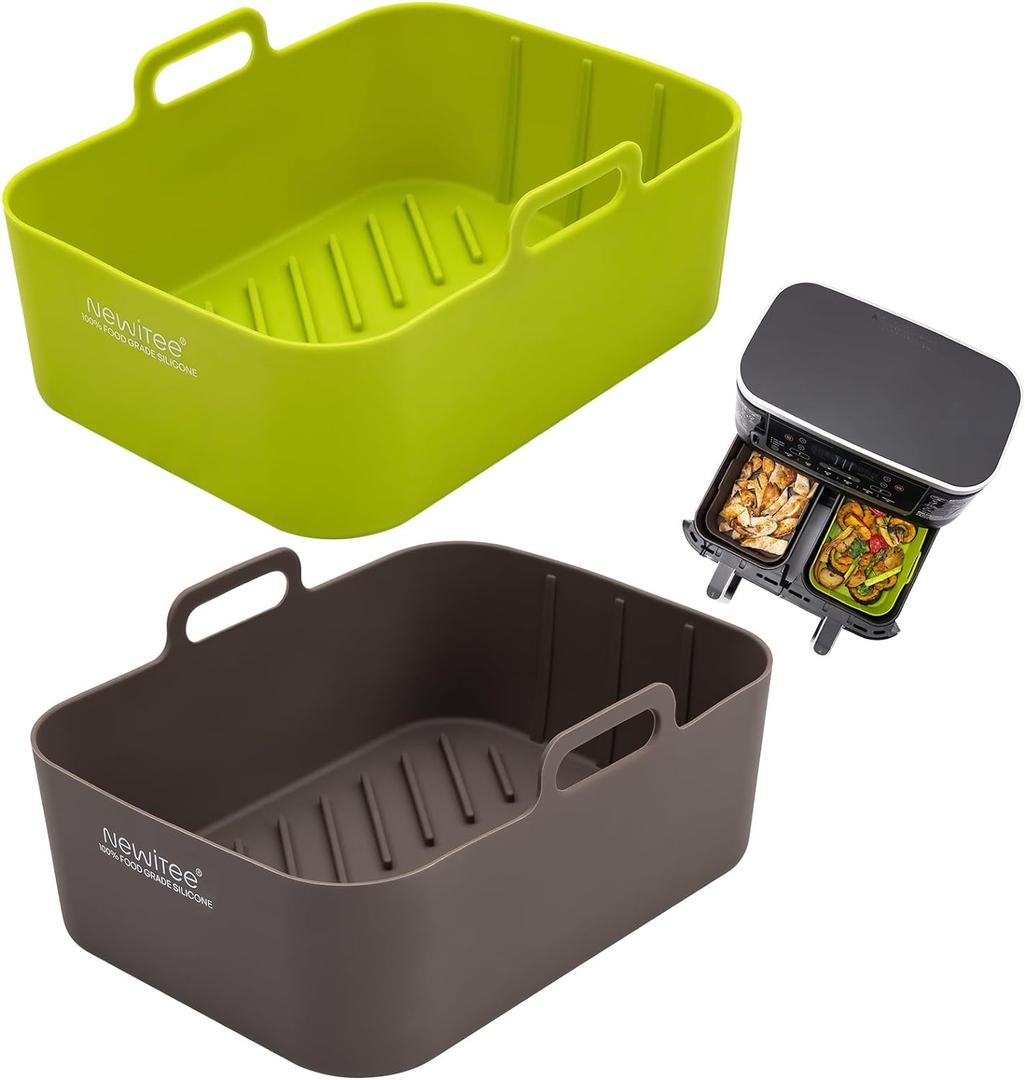 Air Fryer Silicone Liners 10QT for Ninja DZ201/DZ550/DZ401/SL401, 2 Pack - NEWITEE BPA Free Platinum Silicone Air Fryer, Rectangle Dual Ninja Air Fryer Liners Tray with Handle (7.8''Lx 5.8''W x 2.7''H)