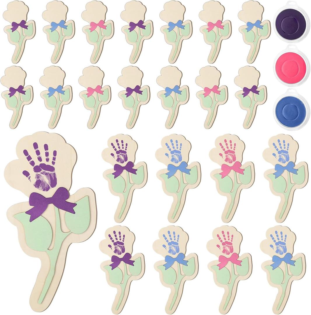 Yalikop 24 Pcs Mother Day Handprint Crafts Kit, Picture Frame Crafts DIY Handprint Flower Pot Hand Keepsake Picture Frame Gifts with Flower Stickers for Mother Day Classroom Party Activities