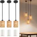 Rattan Pendant Light 6 Inch 2-in-1 Boho Hanging Fixture with Iron Rods & Linen Shade, Adjustable Height & Sloped Ceiling Compatible for Kitchen Island Dining Room Farmhouse Bedroom, 3 Pack