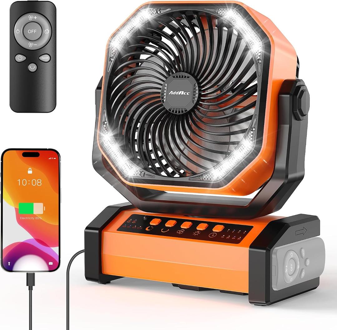 AddAcc 20000mAh Rechargeable Camping Fan - Battery Operated Fan with Light & Remote, Auto Oscillating, 4 Timer, 60 Hrs Work Cordless Tent Fan for Travel Outdoor RV Garage Power Outage Emergency, 8.66*4.25*10.8 inch