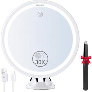 Auxmir 30X Magnifying Mirror with Light, Makeup Mirror with 3 Color Lights, 8″ Rechargeable Vanity Mirror with Power Suction Cup, 360° Swivel