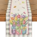 Artoid Mode Buffalo Plaid Vase Lavender Tulip Spring Table Runner, Seasonal Kitchen Dining Table Decoration for Home Party Decor 13x72 Inch