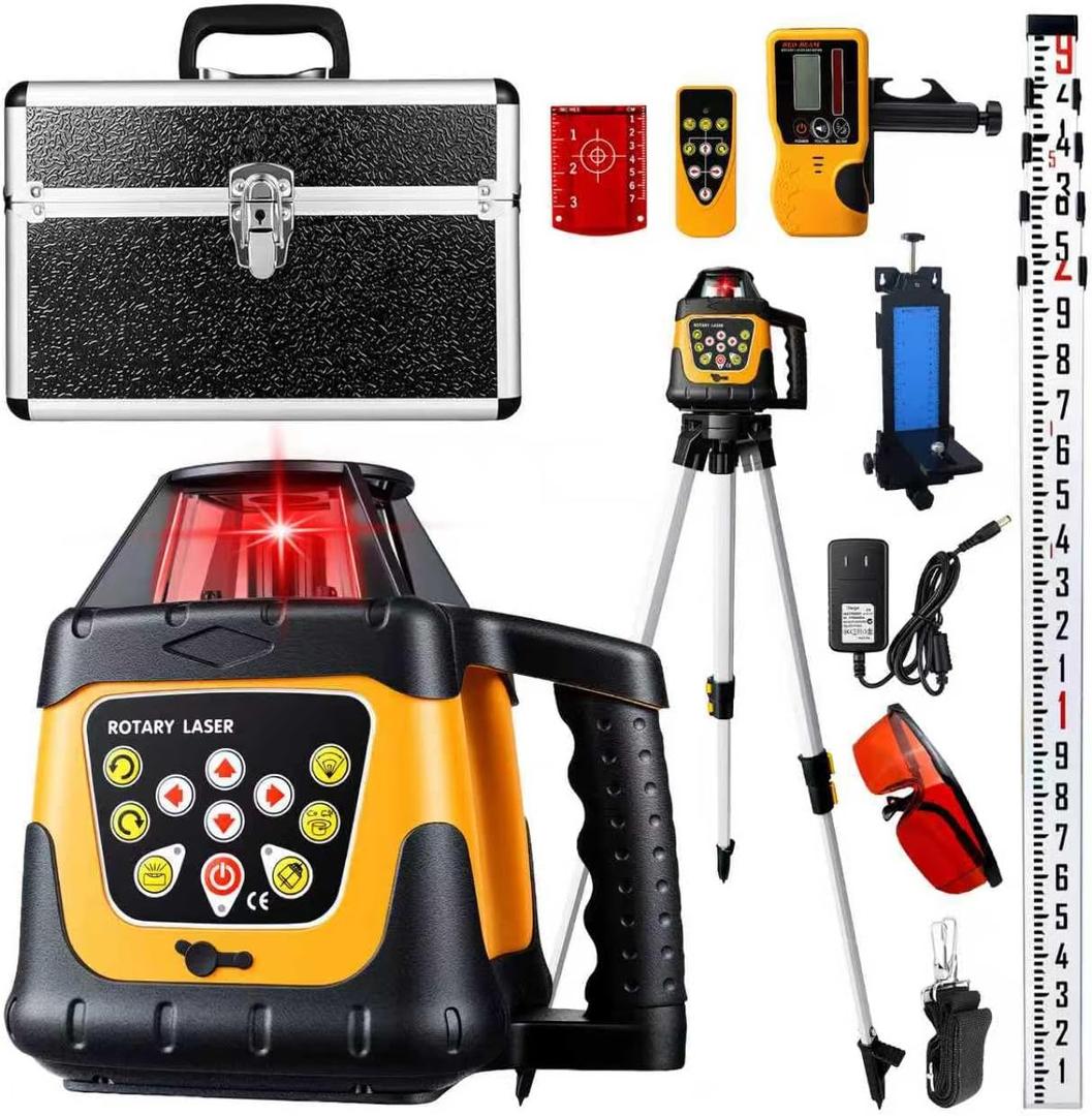 Industrial Rotary Laser Level 2000ft, 0.11"/100' High-Precision Self Leveling 360 Rotating Laser Kit with 16.4ft Grade Rod, 5.5ft Surveying Tripod, IP66 Waterproof for Site Grading
