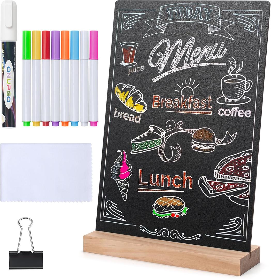 ONUPGO 8 x12 Inch Tabletop Chalkboard Sign with Base Stand, Menu Chalk Board Sign Store Food Signs, Message Boards for Party, Wedding, Tables Decoration, Bar and Restaurant