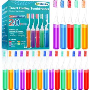 Navona 20 PCS Travel Toothbrush Set, Folding Mini Toothbrush, Potable Travel Size Toothbrushes, Medium Bristles, Individually Wrapped Bulk Toothbrushes for Camping, Hiking, School