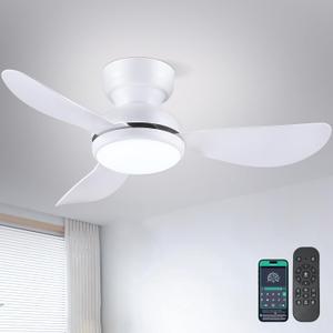 36 Inch Modern Ceiling Fans with Lights, Small Flush Mount Ceiling Fan with Light and Remote/APP Control, 3 Reversible 6 Speeds Curved Blades, 3 CCT Dimmable Lights for Bedroom, White