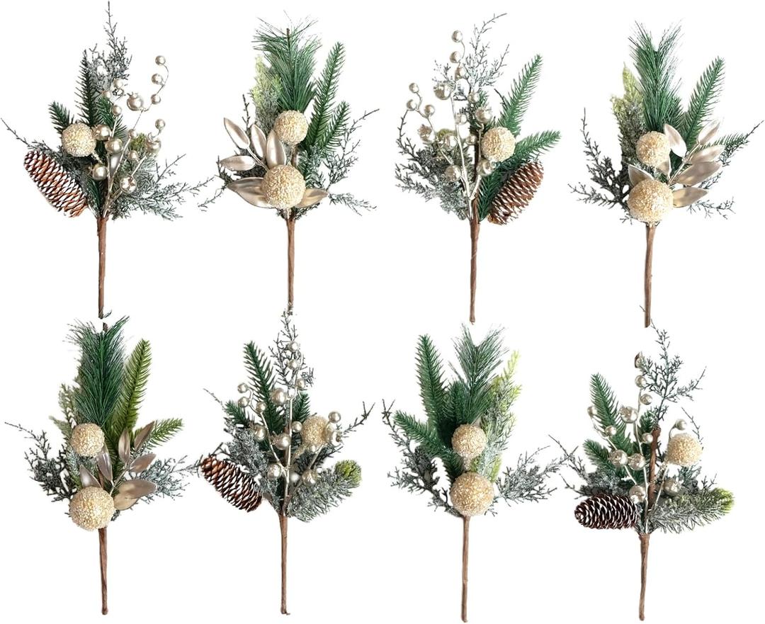 8PCS Christmas Tree Picks and Sprays Set - 13 Inches Picks with Pine Cone, Green Spruce Branches, Pine Needles - Perfect for Holiday Decor, Vase Filler, Wreath, DIY Crafts - Christmas Tree Decorations