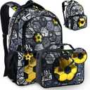 Decorably 2pc Set Soccer School Backpack for Boys with Lunch Bag with Metallic Black and Gold Design, Multi-Compartment, Water-Resistant - Back to School Gift for Kids, Toddler, Preschool, Elementary, 11.8x5.1x16.5 Inches