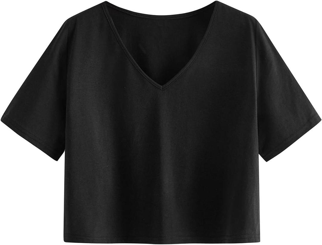 SweatyRocks Women's Casual V Neck Short Sleeve Soild Basic Crop Top T-Shirt (Medium, Black-3)