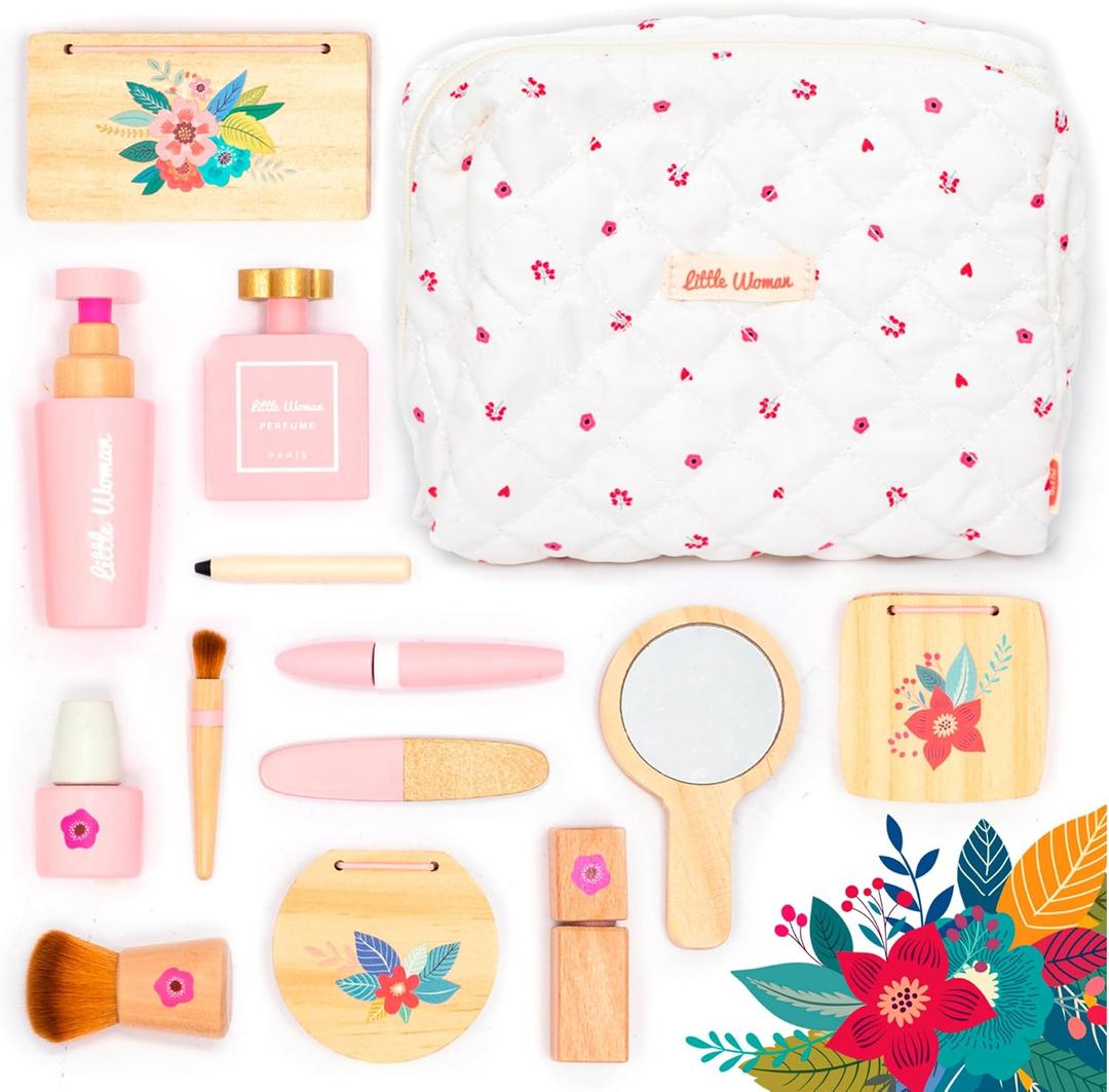 UMU Stylish Wooden Beauty Set Little Woman for Girls - Makeup Playset 17 Piece Kit with Makeup, Brush, Mirror and Cosmetics Case, Best Gift for 3, 4, 5+ Girls Kids