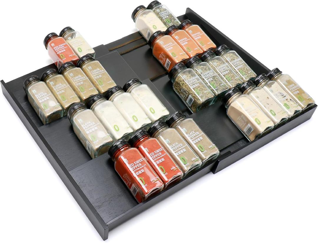 Bamboo Spice Drawer Organizer, (Need 3.1 Deep Drawer) Expandable 4 Tier Spice Rack for Cabinet (From 12" to 23" Wide), Seasoning Storage Insert, Spice Organizer for Drawer,Jars Not Included (Black)