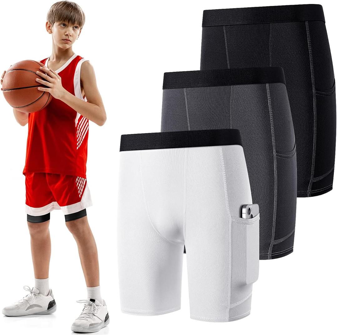 Handepo 3 Pack Youth Boys Compression Shorts with Side Pockets Performance Base Layers Athletic Underwear Workout for Kids (Medium, Black, White and Gray)