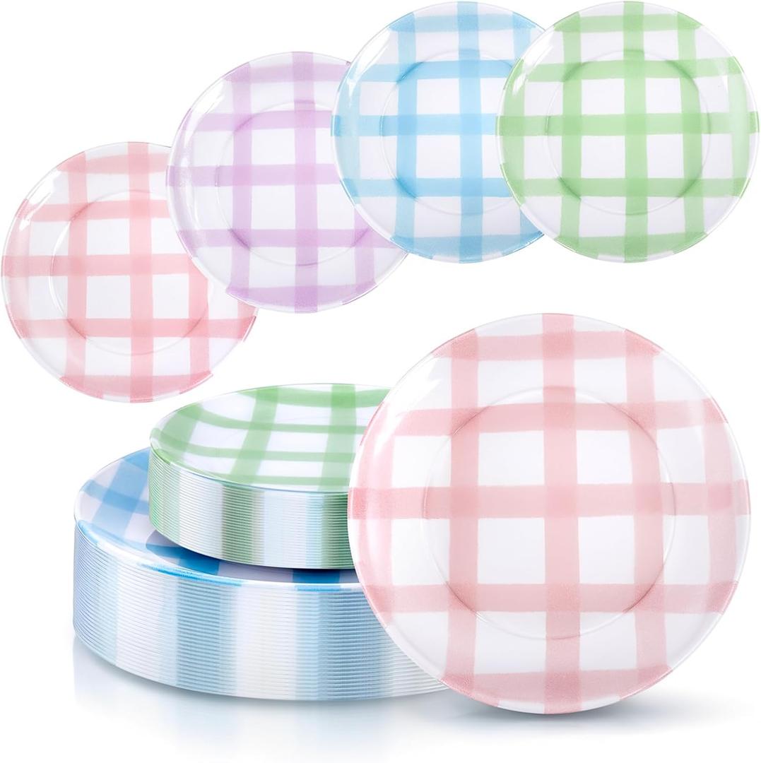 Liacere 32PCS Colorful Gingham Plastic Plates - Pink Green Gingham Plastic Plates Purple Blue 4 Colors Disposable Tableware Party Wedding Spring Holiday SuppliesSummer (Lattice)