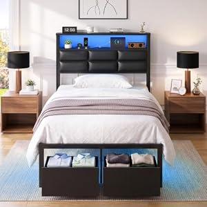 Petkulo Twin Bed Frame with 2 Storage Drawers, LED Lights & Charging Station, Upholstered Headboard with Shelves, Heavy Duty Metal Platform, No Box Spring Needed, Noise Free, Easy Assembly
