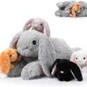 Sratte 5 Pcs Bunny Stuffed Animal Set Large Mommy Bunny Plush with 4 Cute Stuffed Baby Rabbit in Her Belly Soft Cuddly Rabbit Plush Gift for Birthday Baby Shower Party Favor(Gray,Lying Style)
