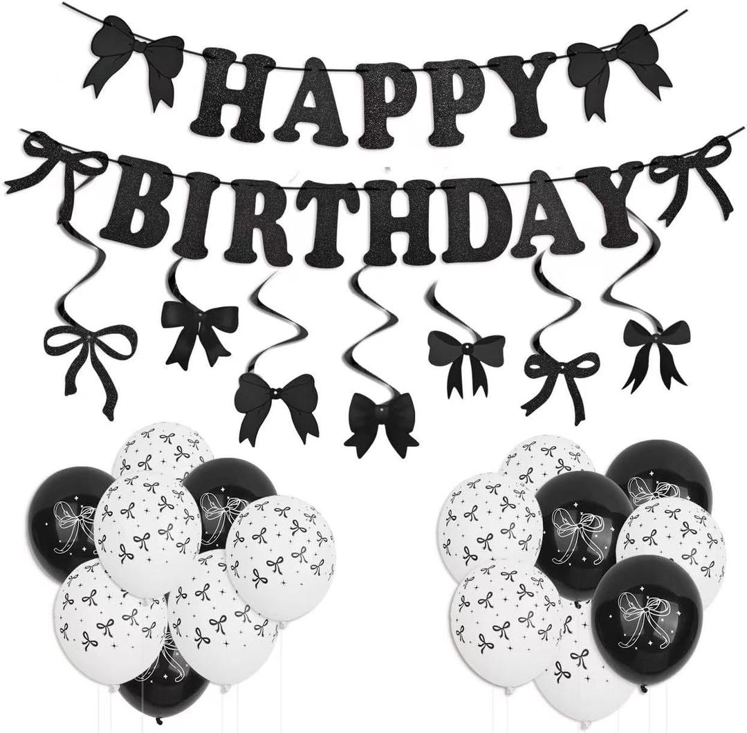 Black Bow Birthday Decorations Set - Coquette Theme Party Supplies with Happy Birthday Banner Garland, Hanging Swirls, Bow Balloons for Women Black Party Decorations Supplies (black)
