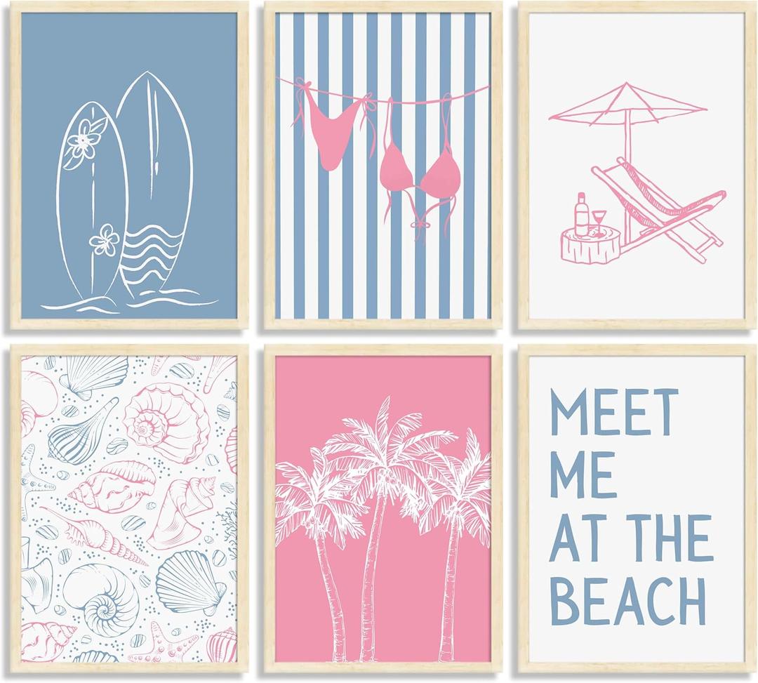 6Pcs Coastal Beach Surfing Wall Art Preppy Bikini Shells Painting Picture Wall Decor Summer Meet Me at the beach Poster Print Artwork for Living Room Bedroom Dining Room Bathroom Home Decoration (10"L x 8"W)