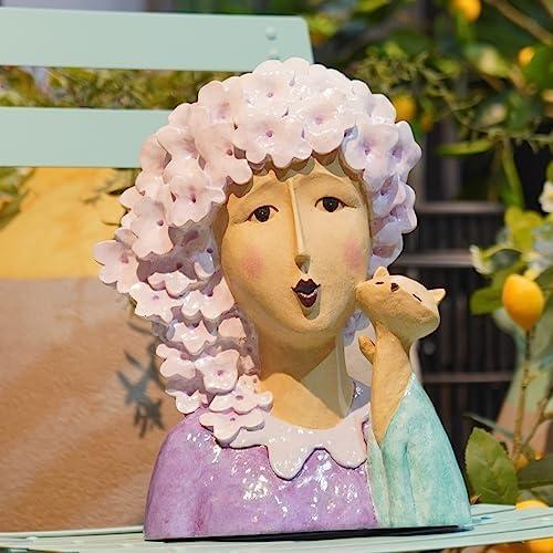 DiliComing Garden-Statues Women-Head Statues for Home Decor - 13 Inch Women with Cat Modern Art Statue, Resin Cat Sculptures for Garden, Tabletop, Livingroom and Office, (Purple)