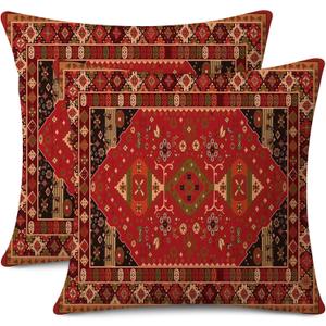 Outdoor Waterproof Pillow Covers 18X18 Inch Set of 2 Bohemian Vintage Carpet Pattern Pillow Covers Ethnic Design Decorative Farmhouse Cushion Case for Couch Red