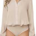 Sexyasasii Button Down Bodysuits for Women Long Sleeve Collared Shirt Solid Office Work Business Casual Satin Blouse Tops (Small, Beige)