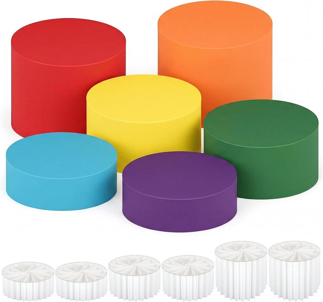 6 Pack Cylinder Cake Stand with Covers Acrylic & Cardboard Foldable Cake Stand Buffet Risers Catering Displays & Food Stands Heavy-Duty Rainbow Color Riser Columns