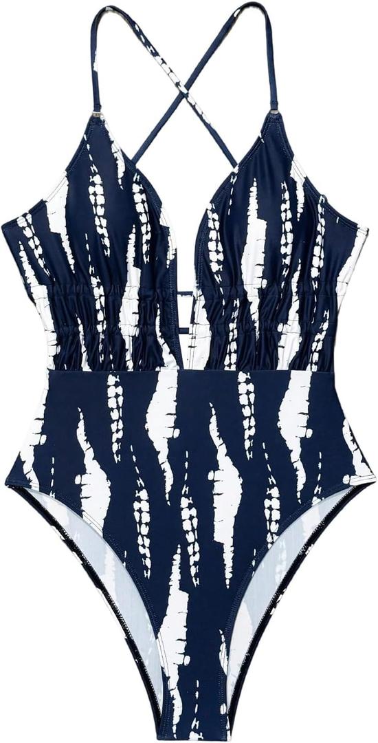 Floerns Women's One Piece Swimsuit Plunge Neck Criss Cross Tie Back Monokini Bathing Suit (Blue, S)