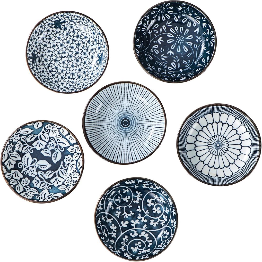 KHOI NGUYEN Sushi Soy Sauce Dish Set of 6 - 3 oz Small Bowls for Dips, Dipping Sauces, Condiments and Snacks - Dinner Plates