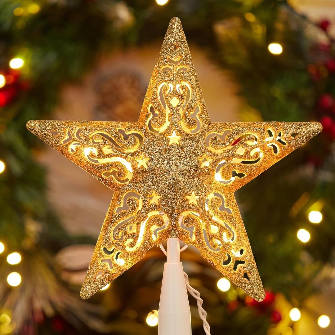 Brightown-Christmas-Tree-Topper, Christmas Star Tree Topper Lighted 3D Hollowed Gold Pentagram Built-in 10 Bulbs Golden Glitter Sparkling Plug in Vintage Indoor Holiday Xmas Decorations Ornaments