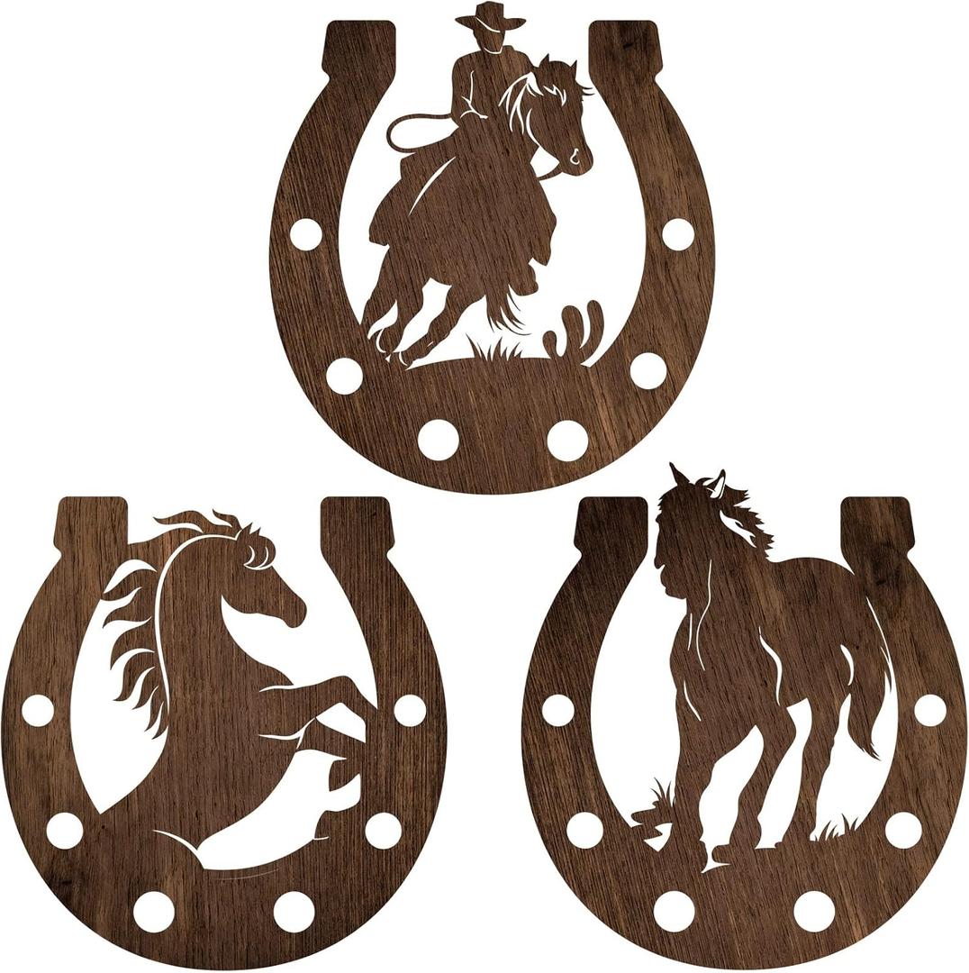 Junkin 3 Pcs Western Wall Decor Horseshoe Wood Wall Art Decor Cowboy Party Decorations Rustic Horse Shoes Decoration Hanging Western Country Cowboy Decorations for Home Bedroom Bathroom