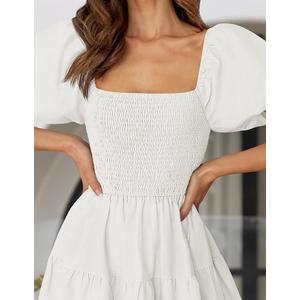 Women's 2025 Summer Square Neck Short Puff Sleeve Solid Color High Waist Casual Smocked Flowy A Line Tiered Midi Dress L