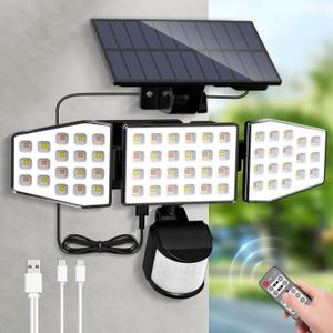 ALUSSO Solar Lights Outdoor with Motion Sensor, 3000-6500K CCT Dimmable 3 Heads Security Light with Remote Control, IP54 Waterproof 3 Modes Flood Lights for Garden Yard Garage