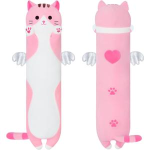 Cute Cat Plush Pillow, Pink Long Kitten Plushie - Soft Kawaii Cat Stuffed Toy for Kids (70cm/27.5inch)