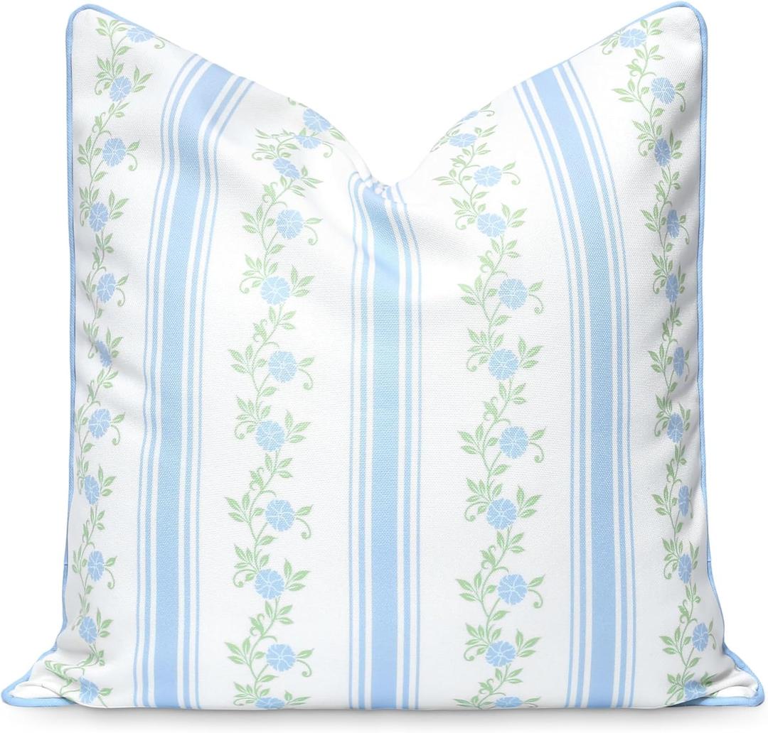 Hofdeco Premium Coastal Patio Indoor Outdoor Throw Pillow Cover Only, 20"x20" Water Repellent for Backyard, Couch, Baby Blue Print Stripe Floral